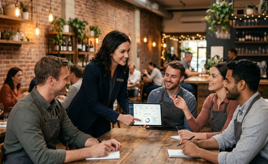 A manager conducting a brief, positive, and collaborative team huddle with waiters and kitchen staff using modern digital tools.