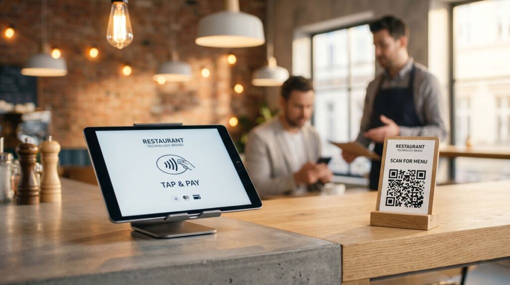 A close-up shot focused on a restaurant counter, showcasing how frictionless and clean tech management tools look in action.